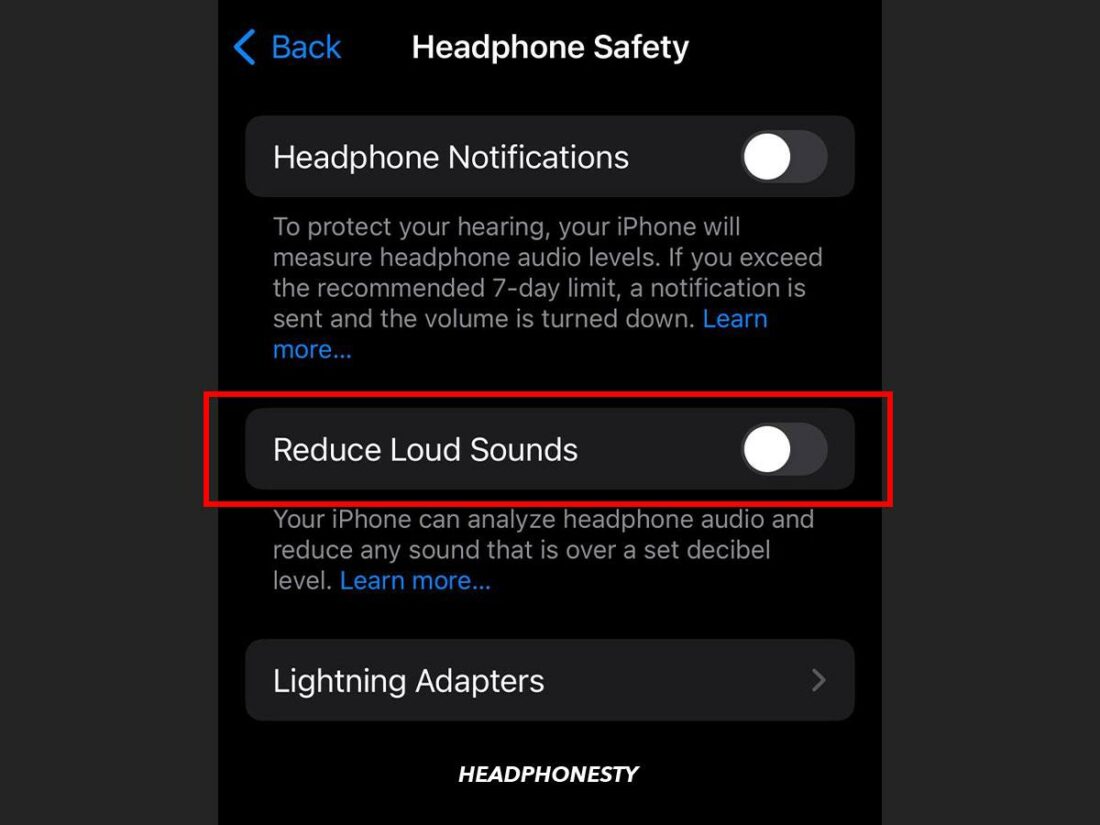 Turn Headphone Safety off by toggling off Reduce Loud Sounds