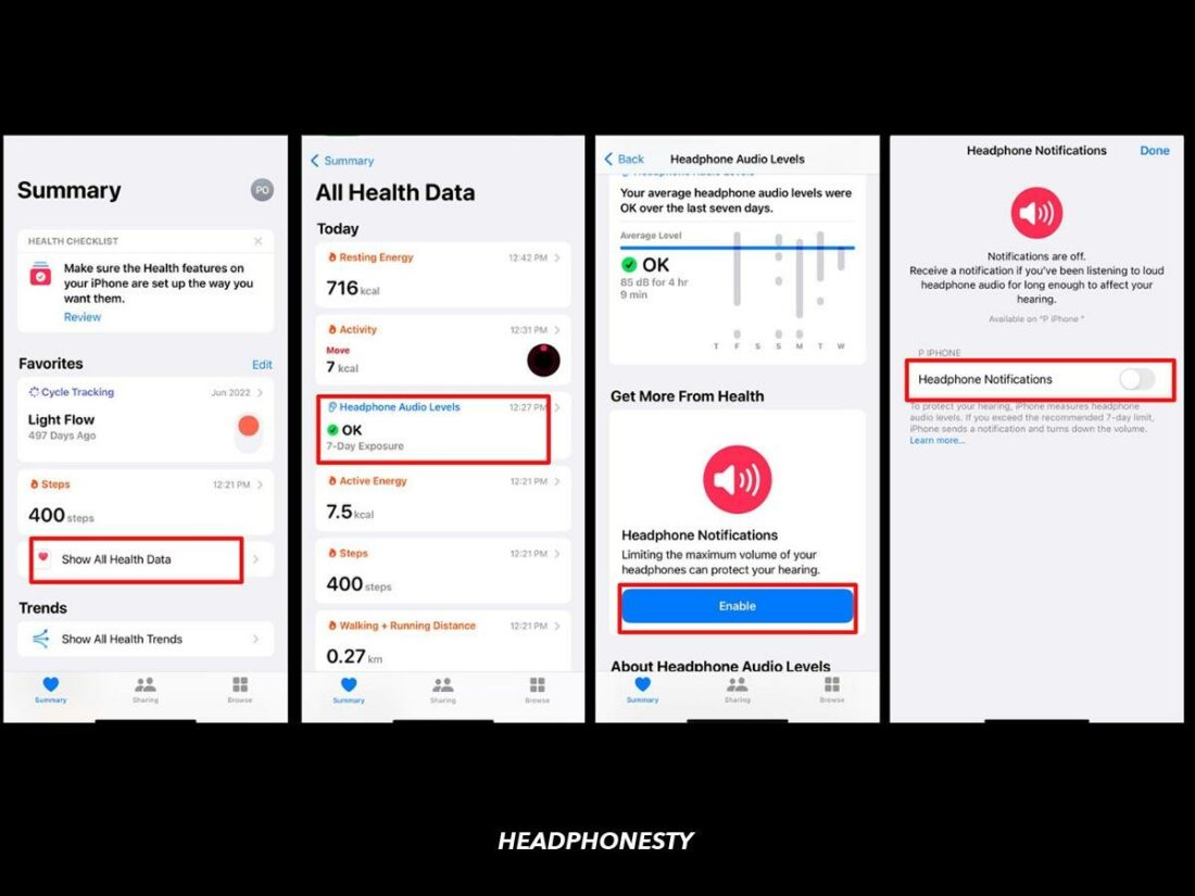 Steps to turn off Headphone Notifications in the Health app