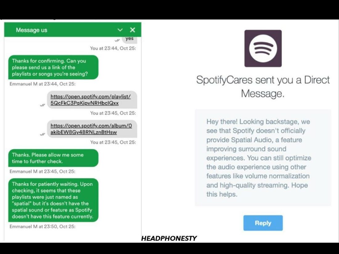 Spotify customer service confirming that spatial audio is not officially provided on the app