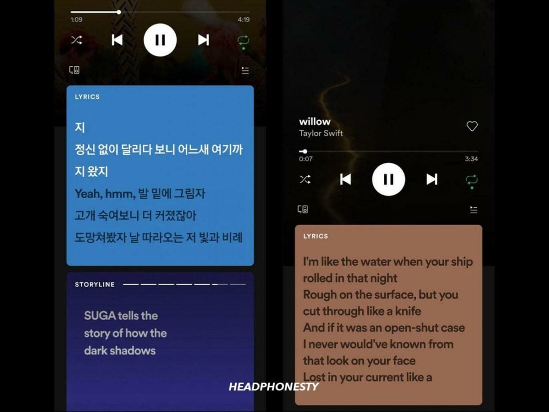 Song lyrics on Spotify's mobile app