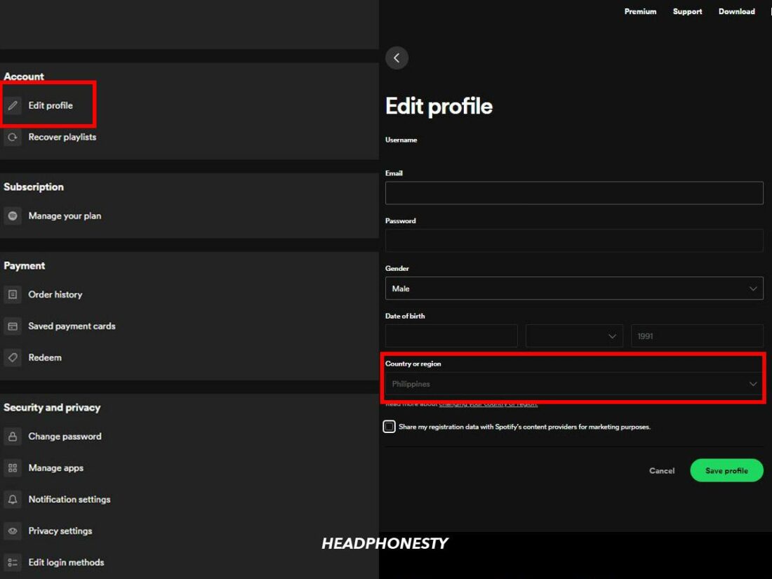 Change your country in the Edit Profile menu