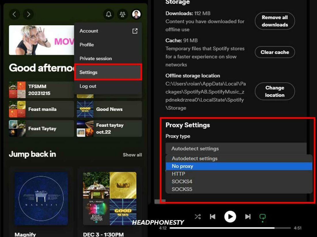 Select No Proxy in Spotify's Settings menu