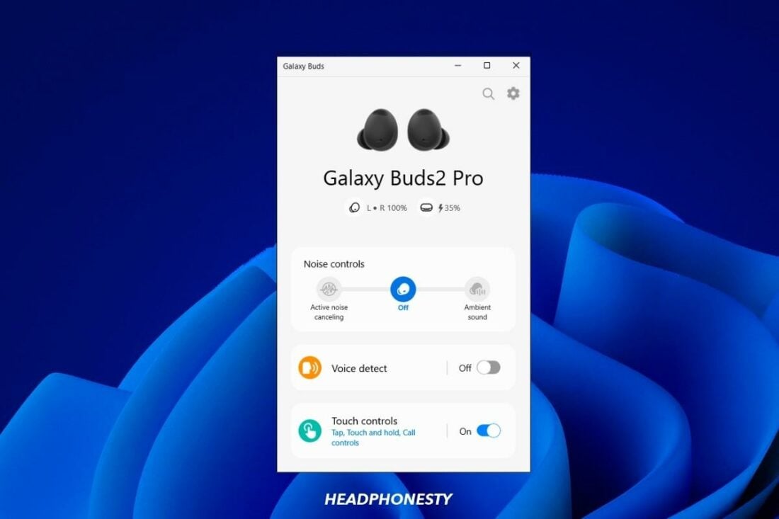 Galaxy Buds2 Pro connected to Windows via the Galaxy Buds app