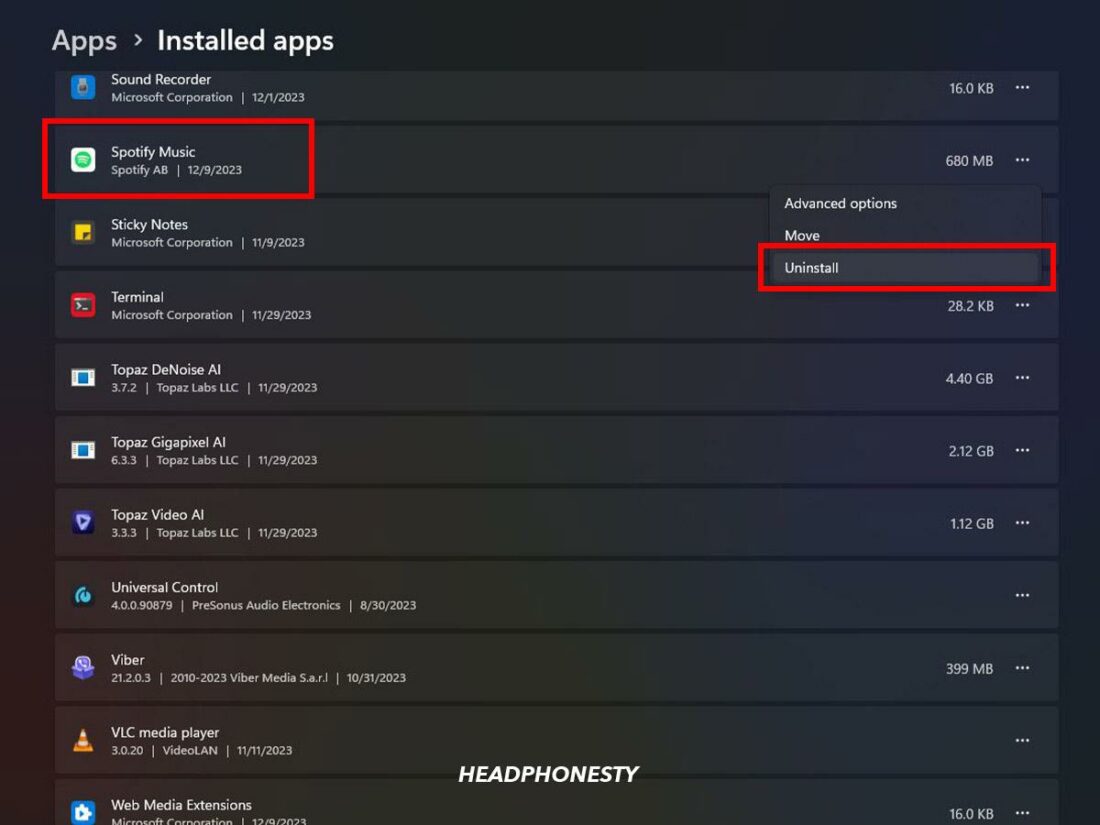 Uninstall button for Spotify music on Windows