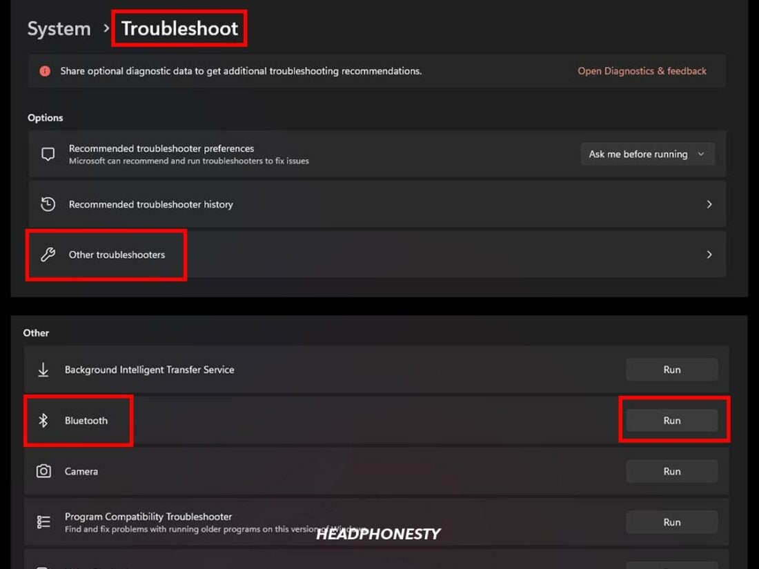 Steps on how to run the Bluetooth troubleshooter.