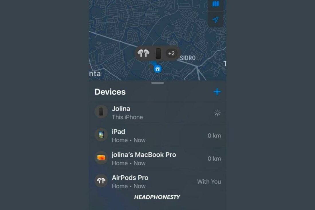 Selecting AirPods on the Find My app's list of devices