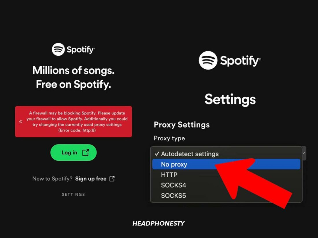 Select No proxy in Spotify's proxy settings