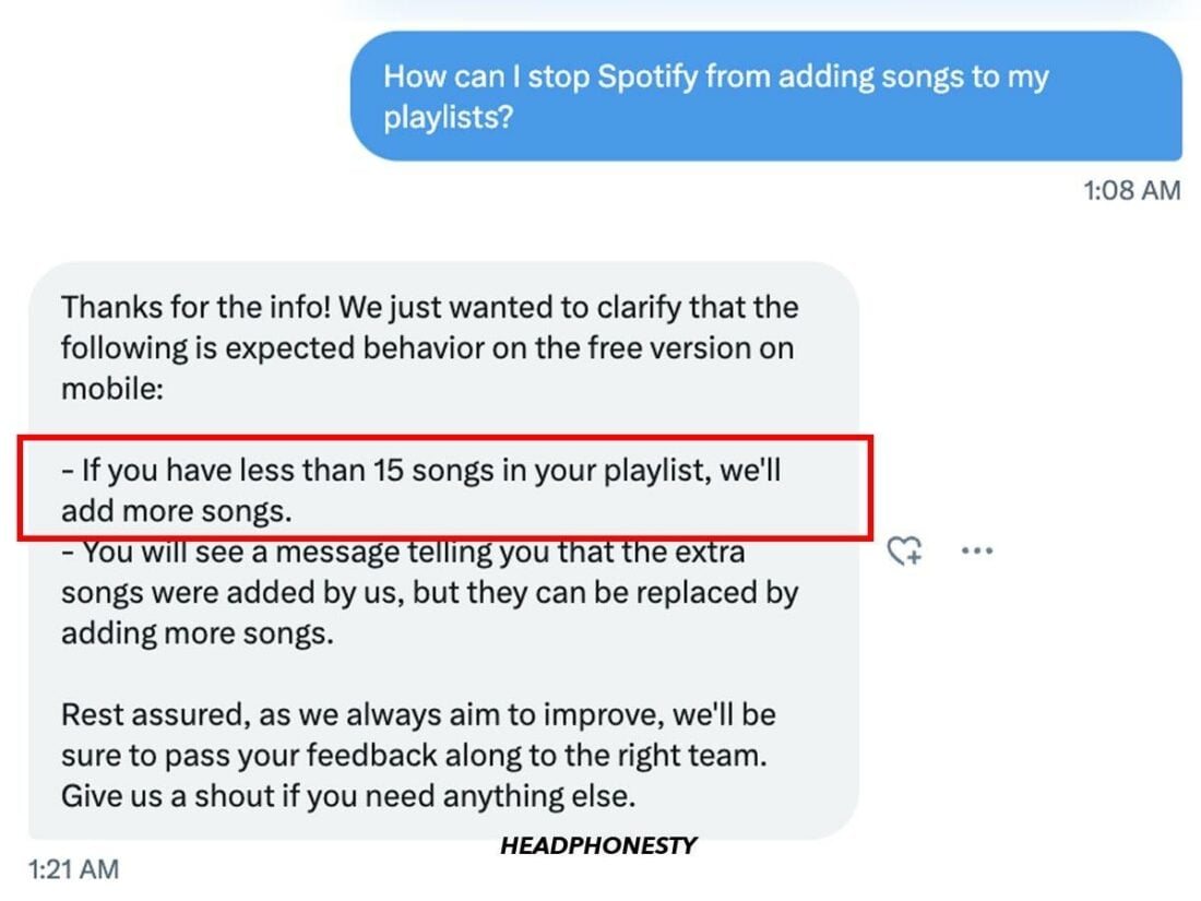 Spotify customer support says they will add songs to your playlist if there are less than 15