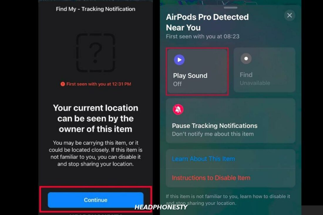 Using the Play Sound feature to find the AirPods detected