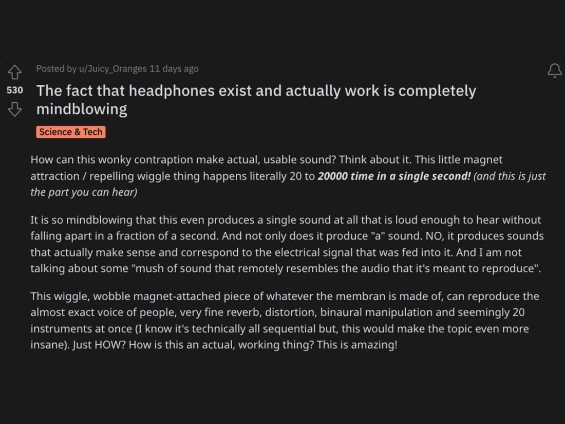 A snippet of the Redditor's post about his newfound appreciation to headphones. (From: Reddit)