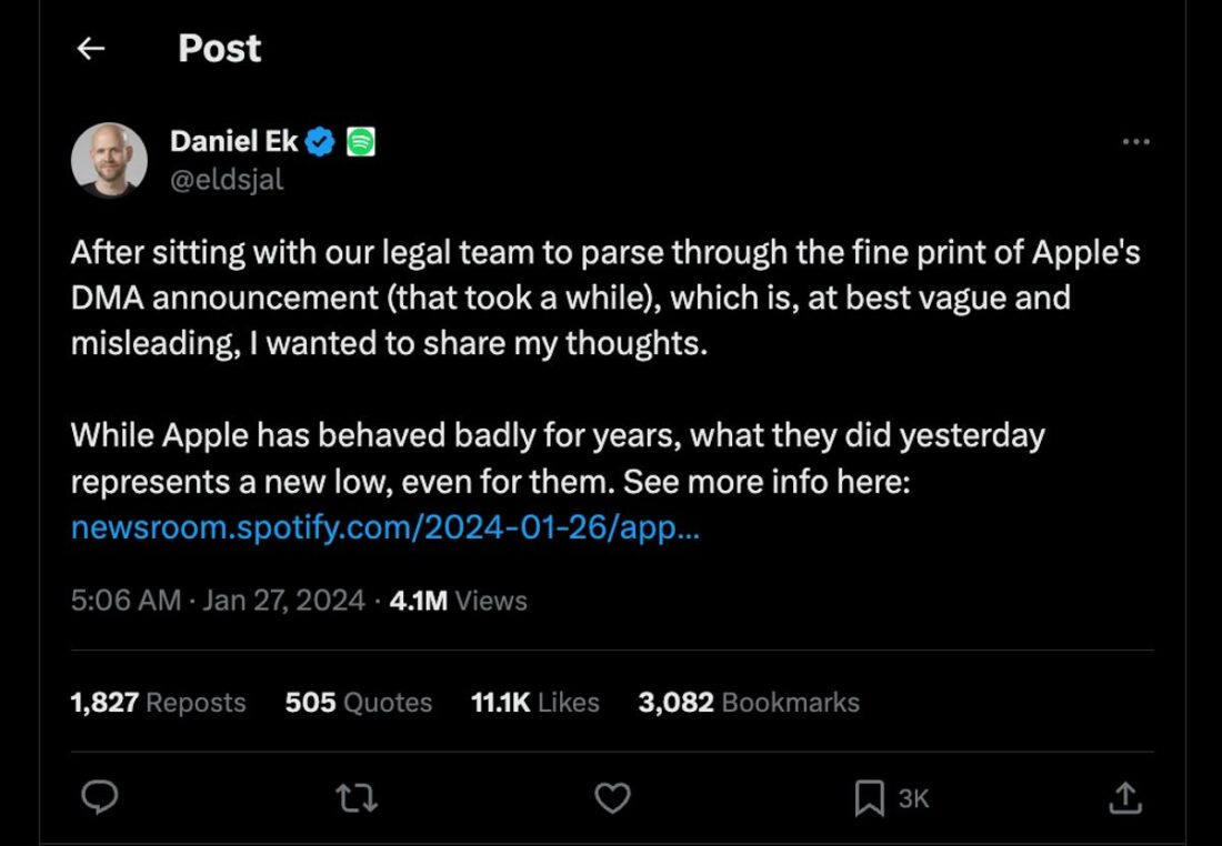 Daniel Ek's initial post on X (formerly Twitter) regarding the issue (From: X)