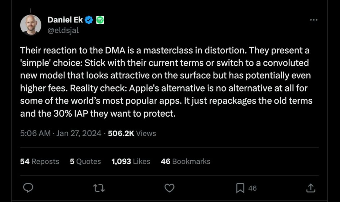 Daniel Ek's statement on X, calling out Apple's reaction to the DMA (From: X)