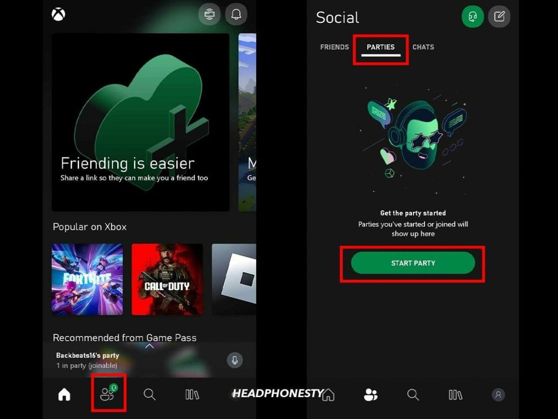 Steps on how to start a party chat on Xbox app.