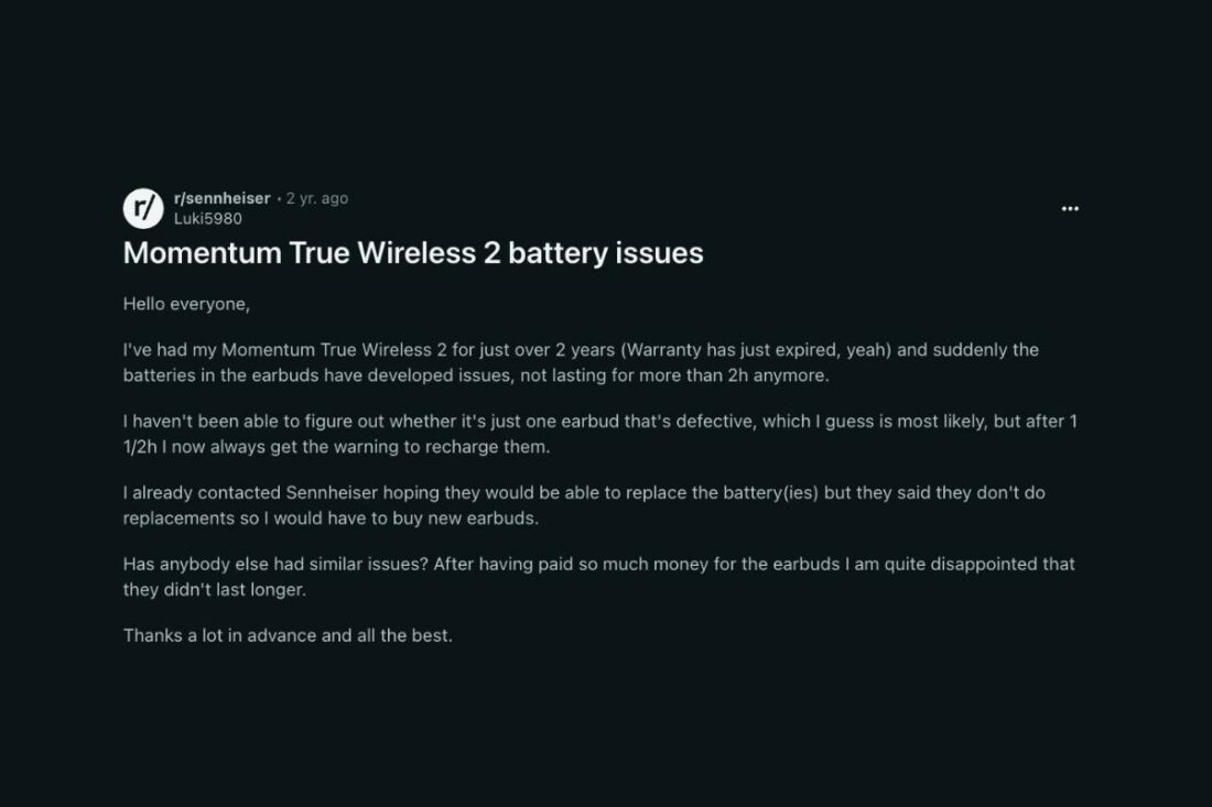 Reddit user, Luki5980, shares his experience with the Momentum True Wireless 2's battery issues and Sennheiser's response. (From: Reddit)