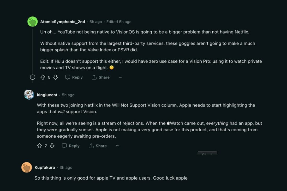 Online reactions on Youtube and Spotify's announcement to not support Apple Vision Pro (From: Reddit)
