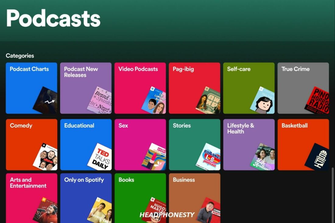 Podcasts page on Spotify desktop app, showing different categories available