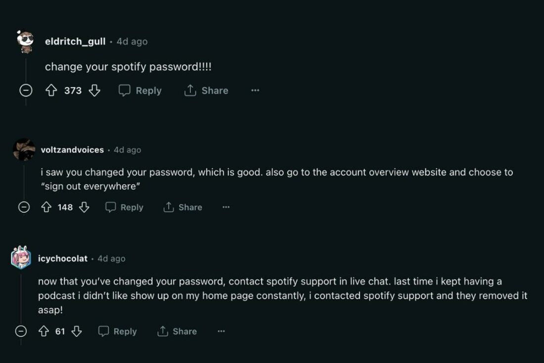 Reddit users suggesting solutions for the Spotify glitch (From: Reddit)