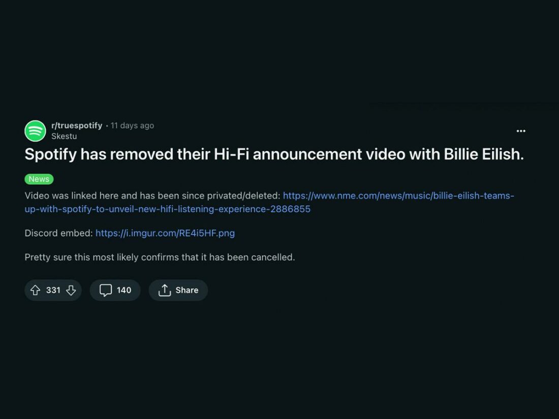 Redditor shares speculation over the removed Hi-Fi announcement video (From: Reddit)