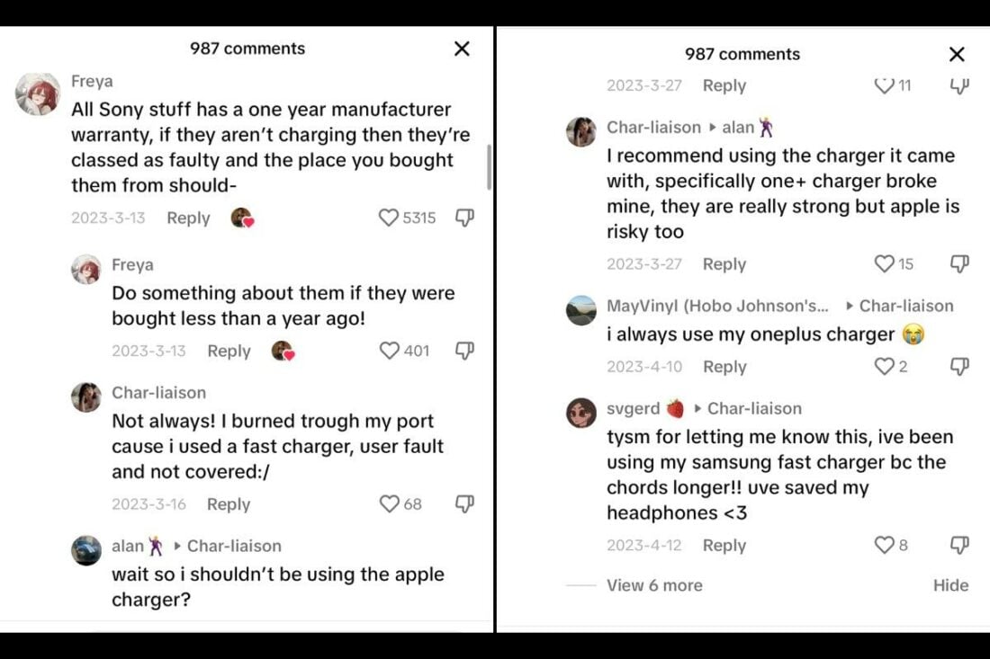 Responses in the comments section about the XM5 charging problem. (From: Tiktok/Liz)