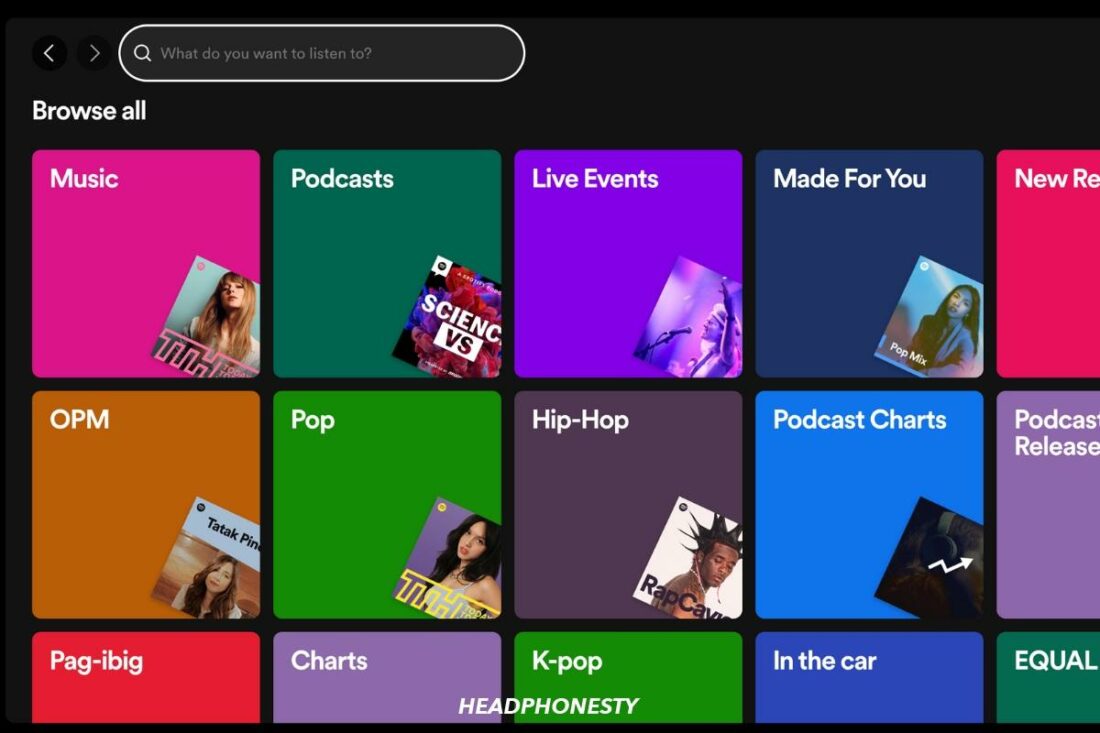 Search interface on Spotify desktop app