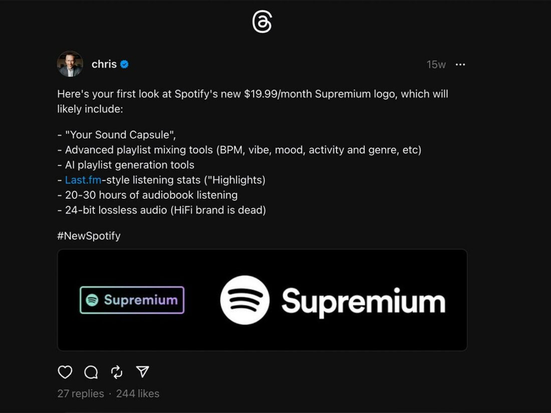 Spotify Supremium offers based on Chris Messina, the inventor of the hashtag. (From: Threads/Chris)