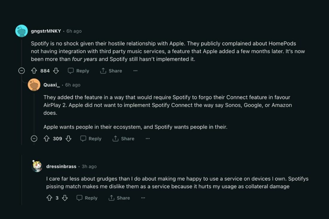 User speculating that Spotify's decision was based on the platform's relationship with Apple (From: Reddit)