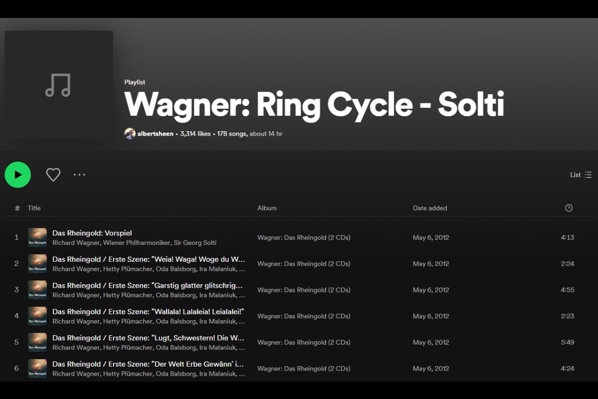 Screenshot of Wagner: Ring Cycle - Solti playlist on Spotify
