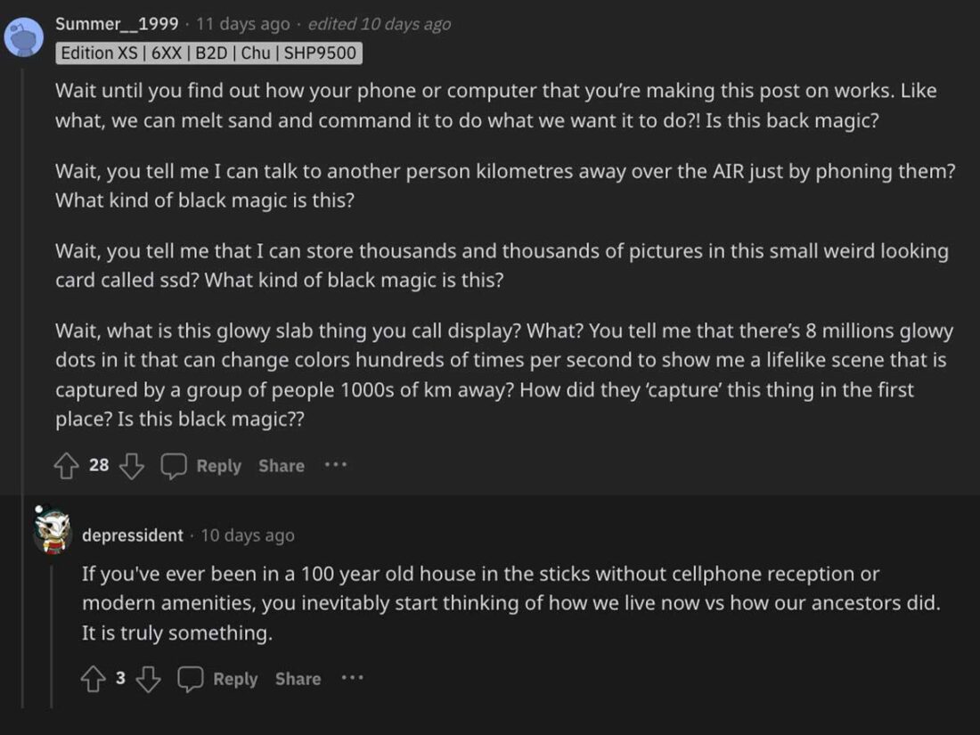 User implies the same 'magical' concept of mobile phones and computers. (From: Reddit)