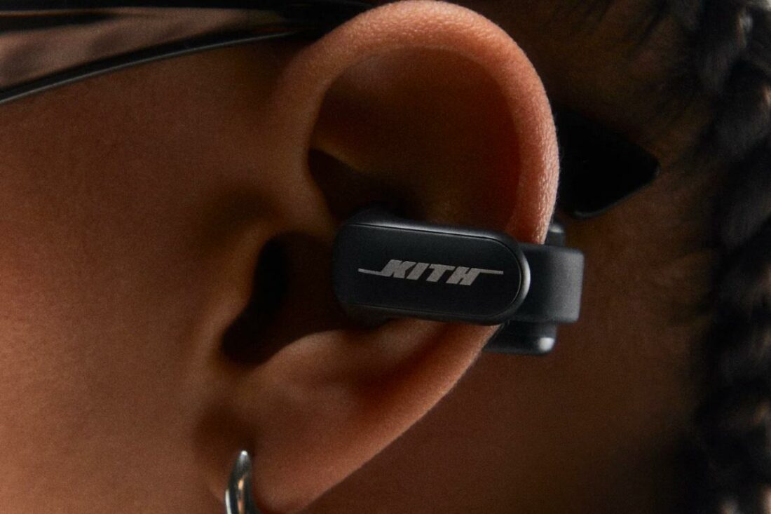 The Bose Ultra Open Earbuds clip on the side of the user's ears. (From: Kith)
