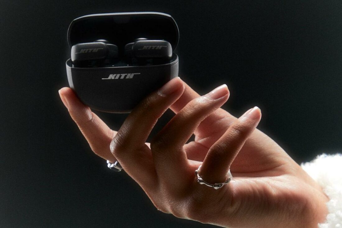 The Bose Ultra Open Earbuds' charging case also has the name Kith in style of Bose' logo. (From: Kith)