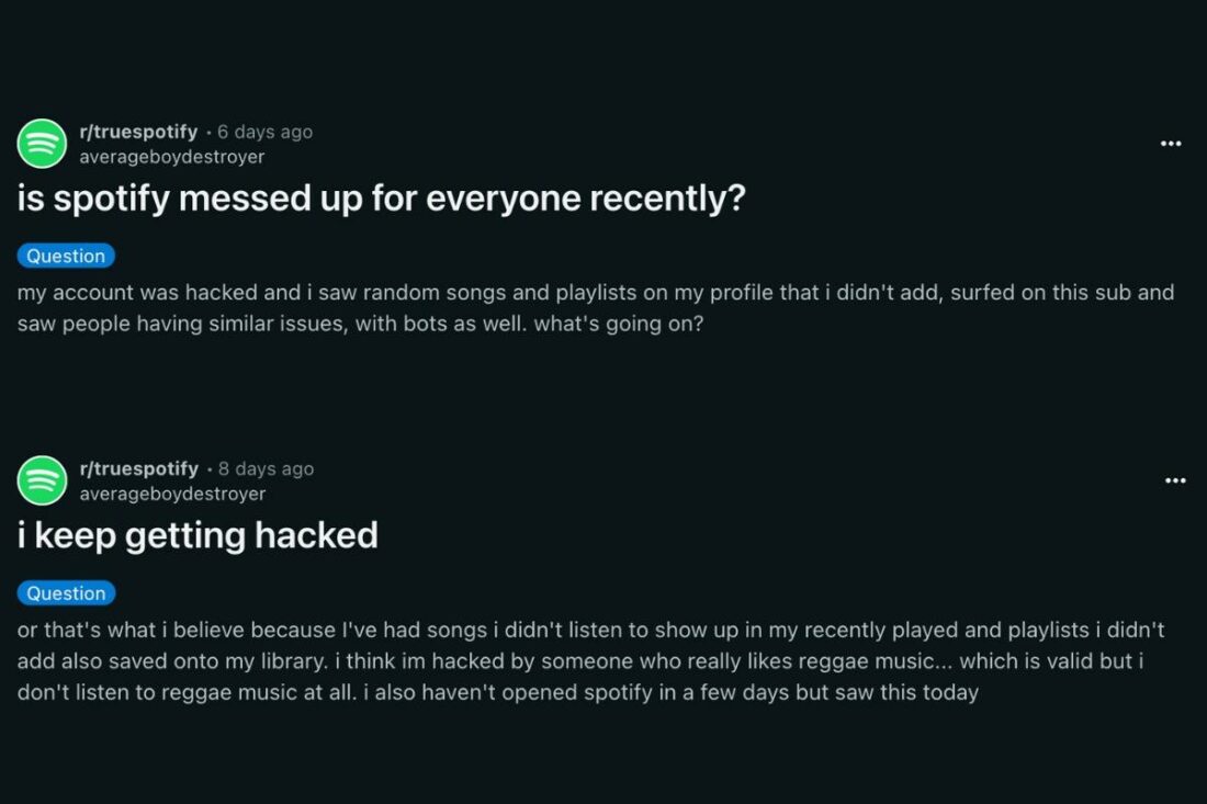 Users sharing similar incidents of their Spotify acounts getting hacked (From: Reddit)