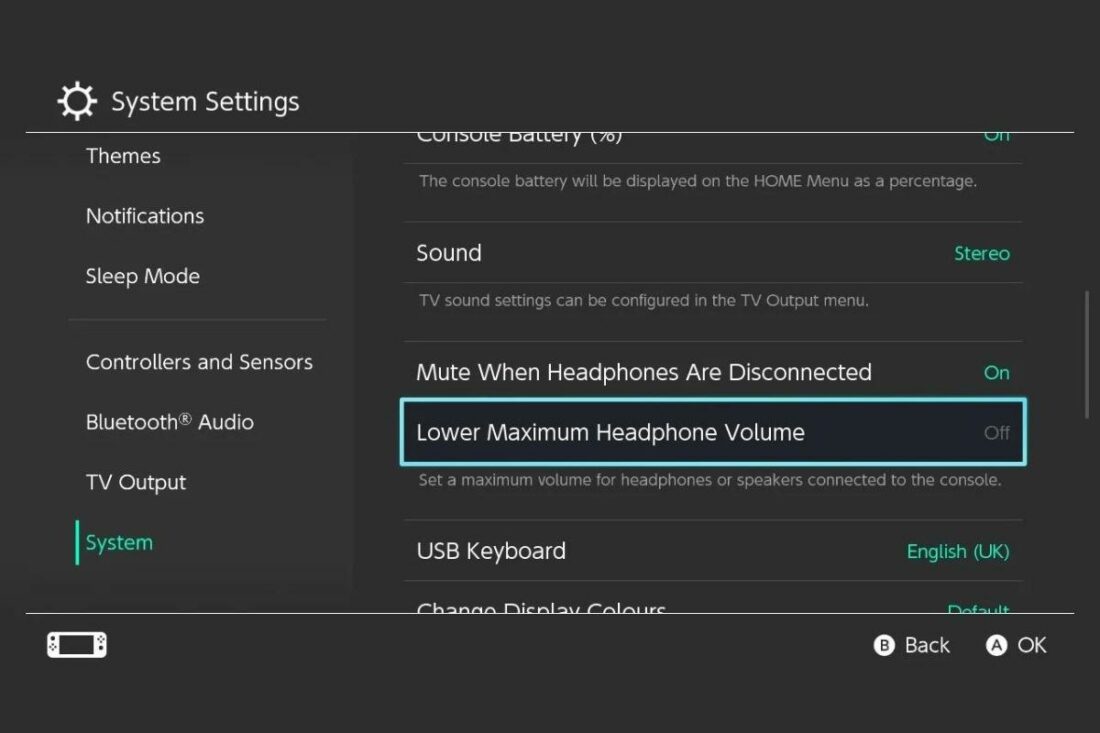 Setting maximum headphone volume limit option on Nintendo Switch