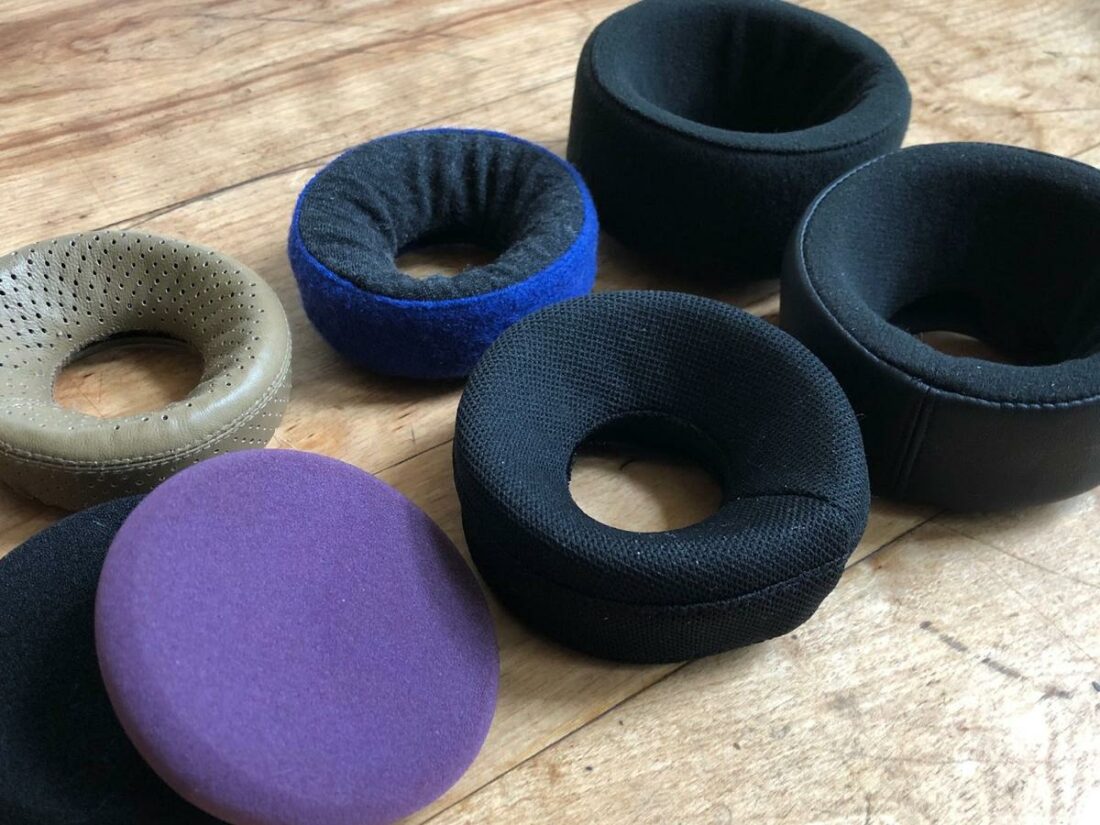 A variety of replacement Grado earpads. Back (l-r): Beautiful Audio leather, Beautiful Audio wool, Aliexpress fabric. Front (l-r): Yaxi, Nyczaj, Aliexpress hybrid. (From: Trav Wilson)