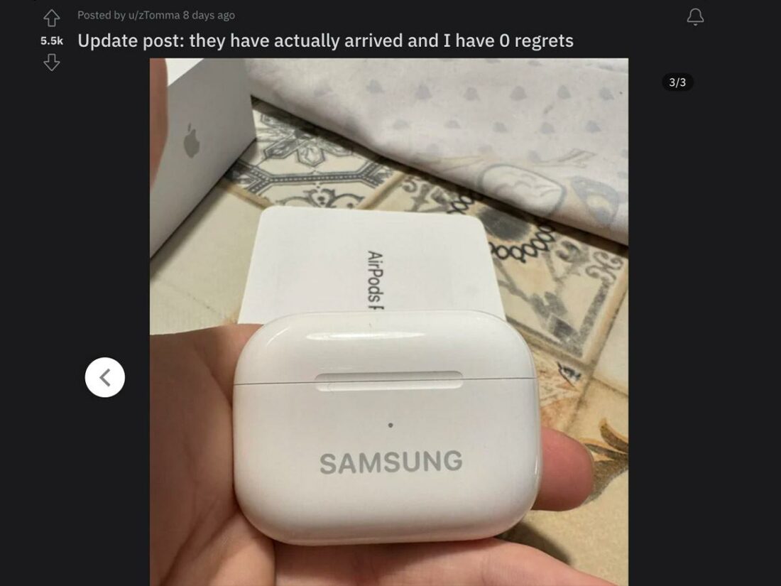 The user's post update showing the engraved AirPods Pro case. (From: Reddit)