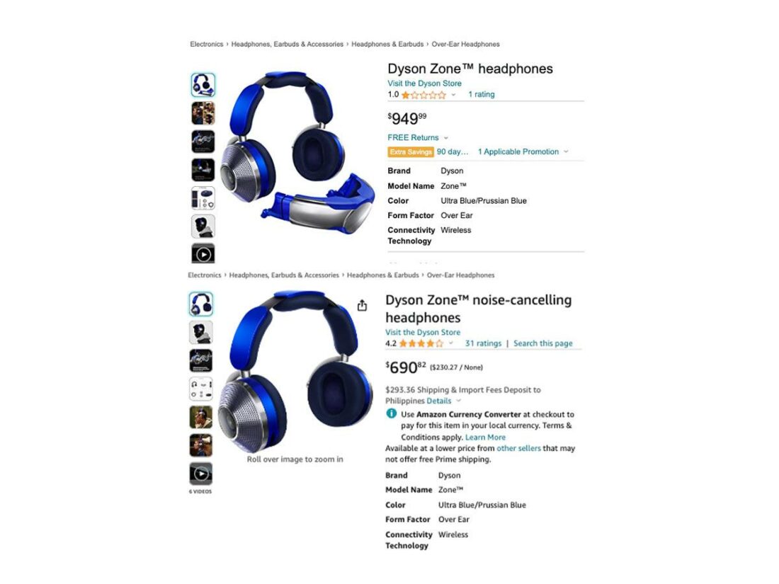 Original Amazon listing for the Dyson Zone (top) vs the current Amazon listing (bottom) (From: Amazon)