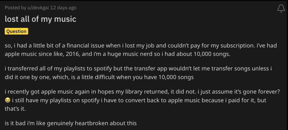 Another user detailing their experience of losing their Apple Music playlists after resubscribing. (From: Reddit)