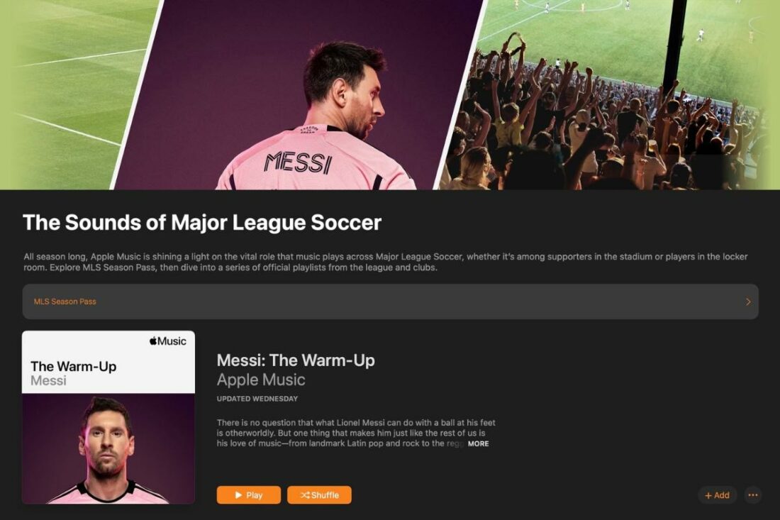 The Sounds of Major League Soccer page features different MLS-related playlists for the season. (From: Apple Music)