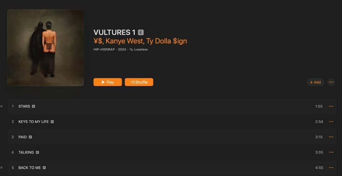 VULTURES 1 album on Apple Music desktop app.