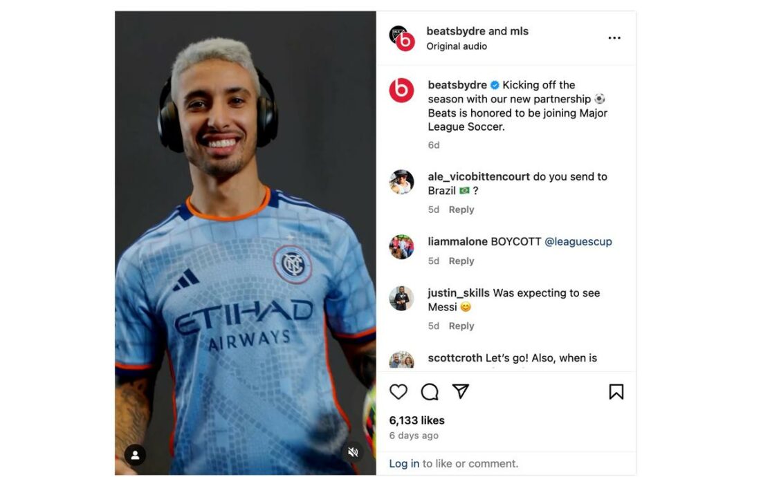 Beats' announcement on Instagram featuring different MLS players wearing Beats headphones. (From: Beats)