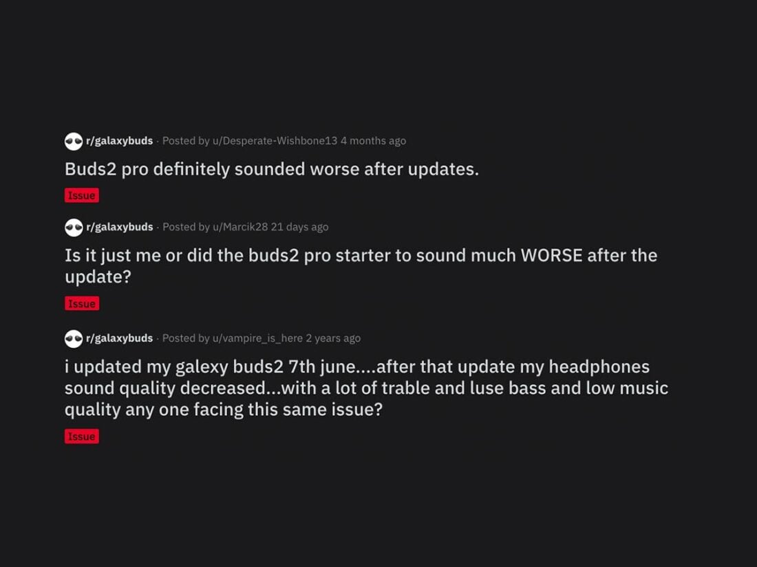 Some of the complaints that users have posted regarding the degrading sound quality on their Buds2 Pro after the update. (From: Reddit)