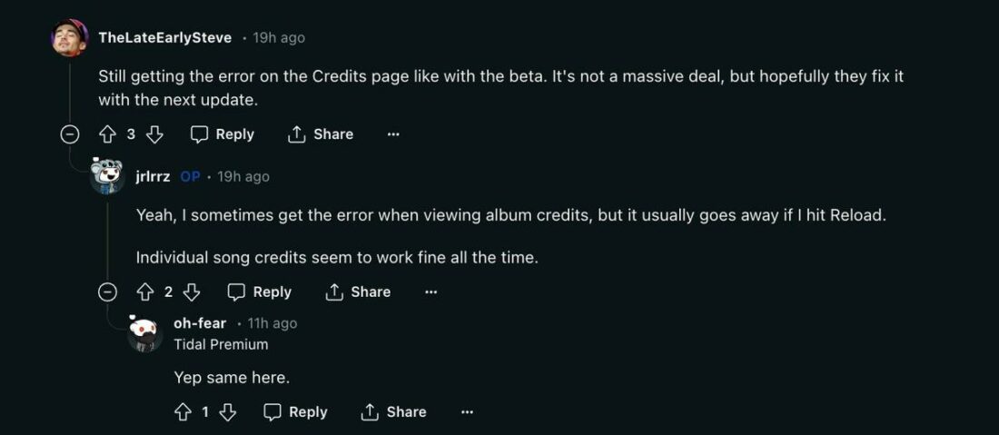 People talking about a different Credits issue persisting despite the update. (From: Reddit)