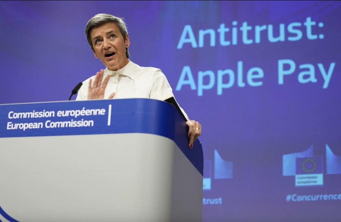 EU competition commissioner Margrethe Vestager speaking about Apple's unfair practices in 2022. (From: APNews/Virginia Mayo)