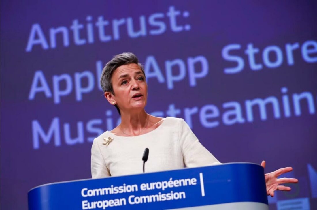 European Commissioner Margrethe Vestager talking about the case against Apple in 2021. (From: AFP/Getty Images)