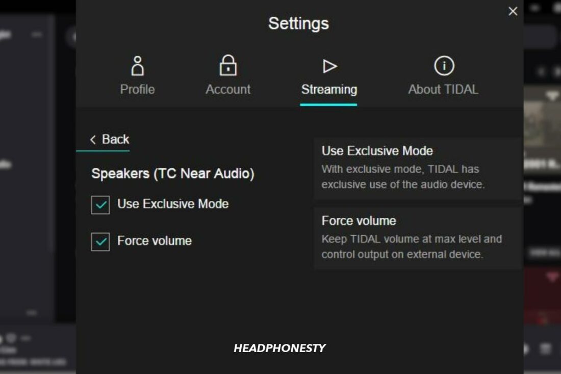 Tidal's streaming settings feature the unique 'Exclusive Mode'