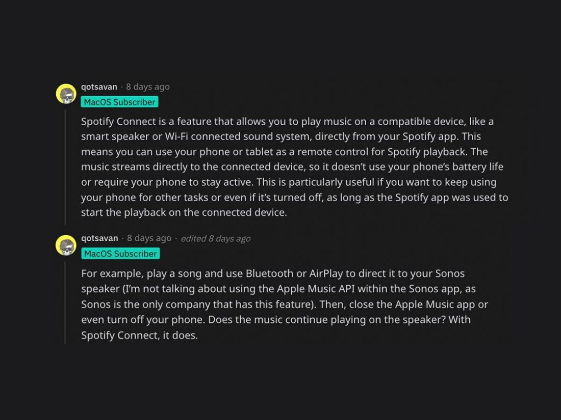 Explanation of how Spotify Connect is different from Apple's AirPlay. (From: Reddit)