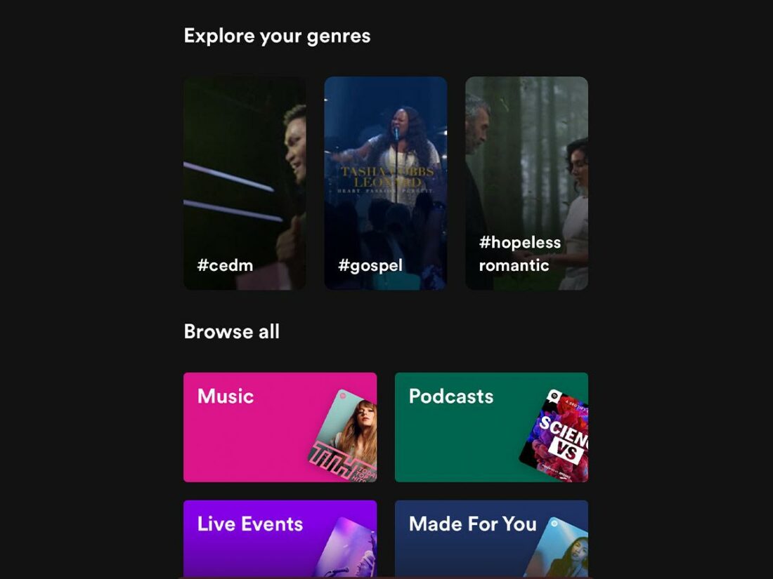 The Explore your genres feature on the Search tab on Spotify iOS app.