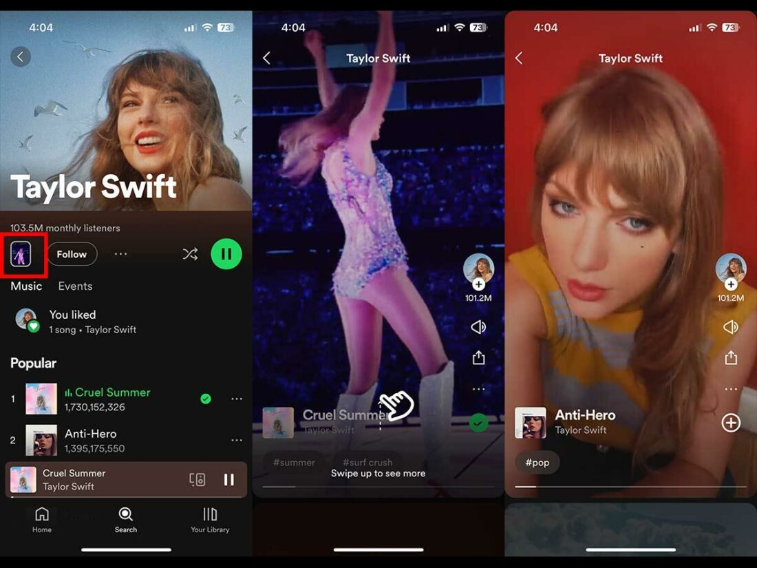 The new GIF-style icon as seen on Taylor Swift's artist page on Spotify.