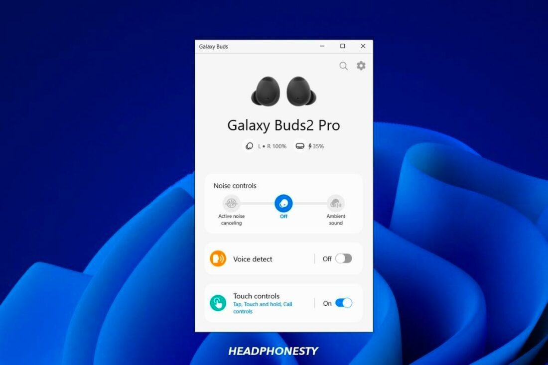 Galaxy Buds2 Pro connected to Windows via the Galaxy Buds app