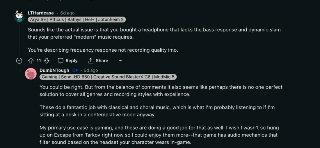 Thread discussing how the HD650's sound profile may not be made to match the OP's preferences. (From: Reddit)