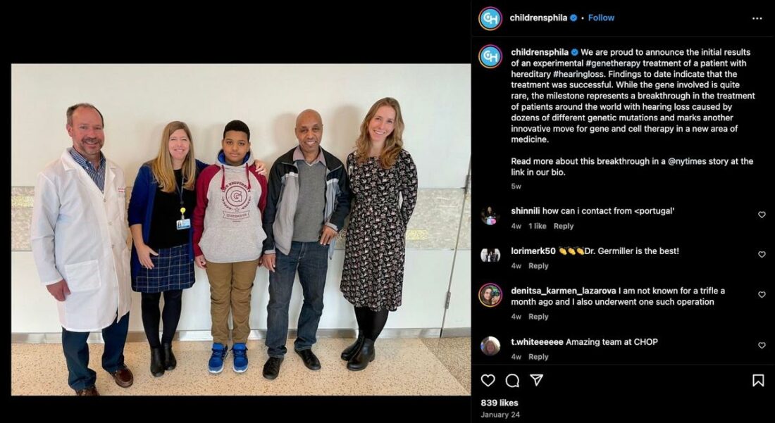 Instagram post from Children’s Hospital of Philadelphia announcing the news. (From: Instagram)